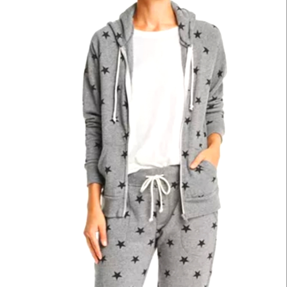 Alternative Adrian Full Zip Hoodie Heather Gray w Black Stars Women's XS NWT